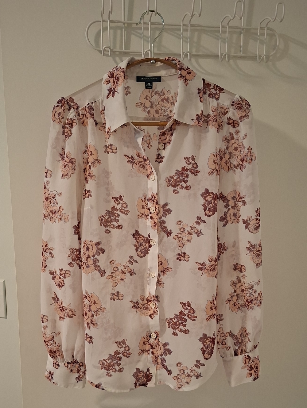Modcloth Retro White & Pink Sheer Puff-sleeve Floral Feminine Blouse (Size XS)